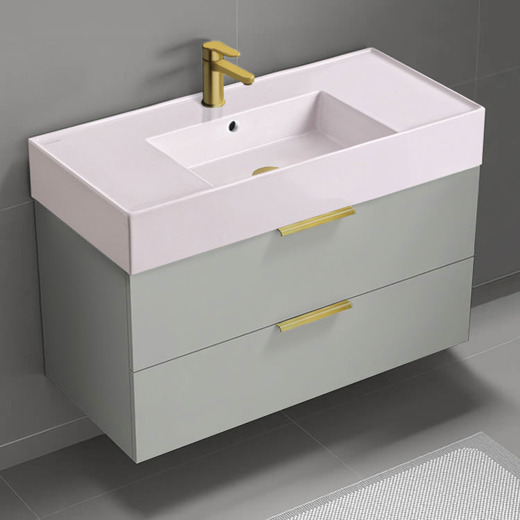Pink Sink Bathroom Vanity, 40", Wall Mounted, Grey Mist