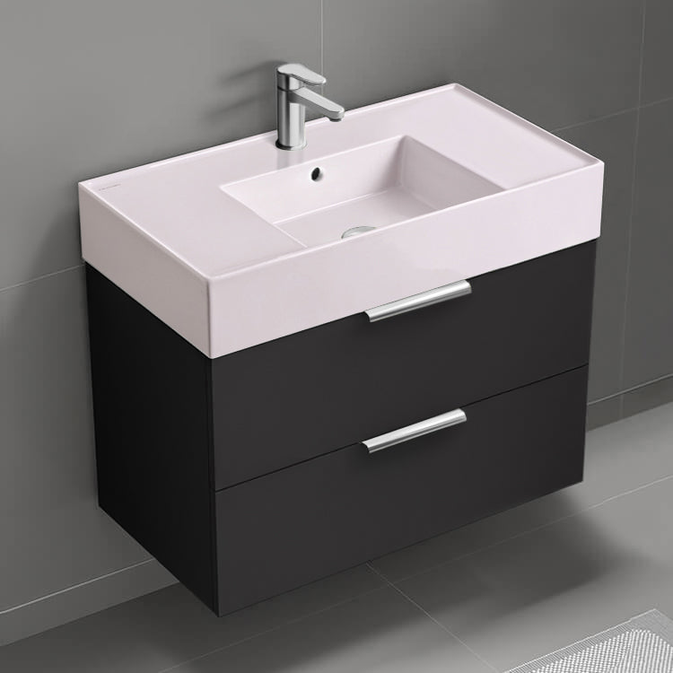 Pink Sink Bathroom Vanity, Matte Black, Floating, Modern, 32"