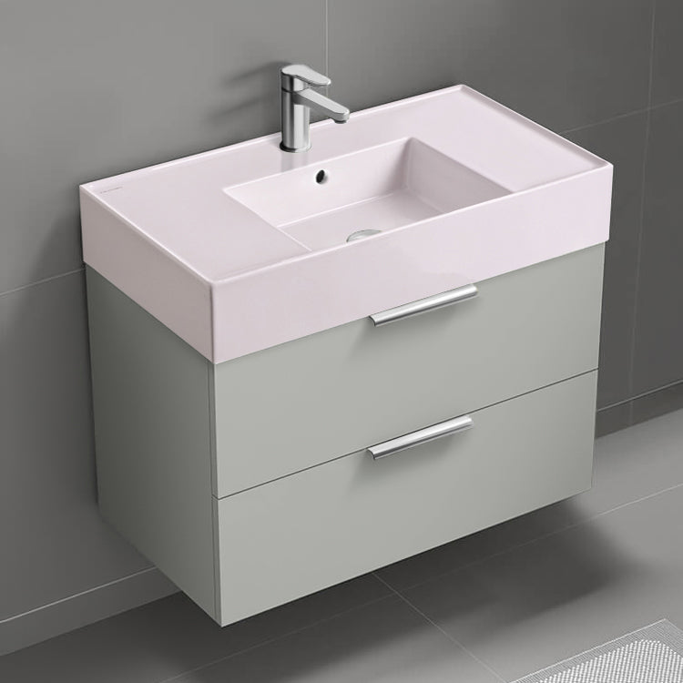 Pink Sink Bathroom Vanity, Wall Mounted, Modern, 32", Grey Mist