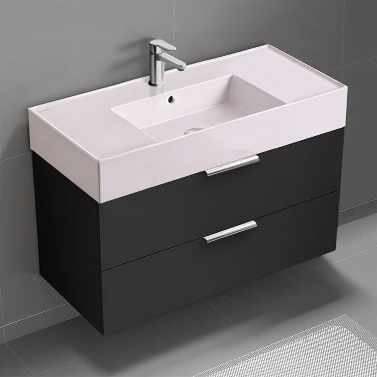 Pink Sink Bathroom Vanity, Wall Mounted, Modern, Single, 40", Matte Black