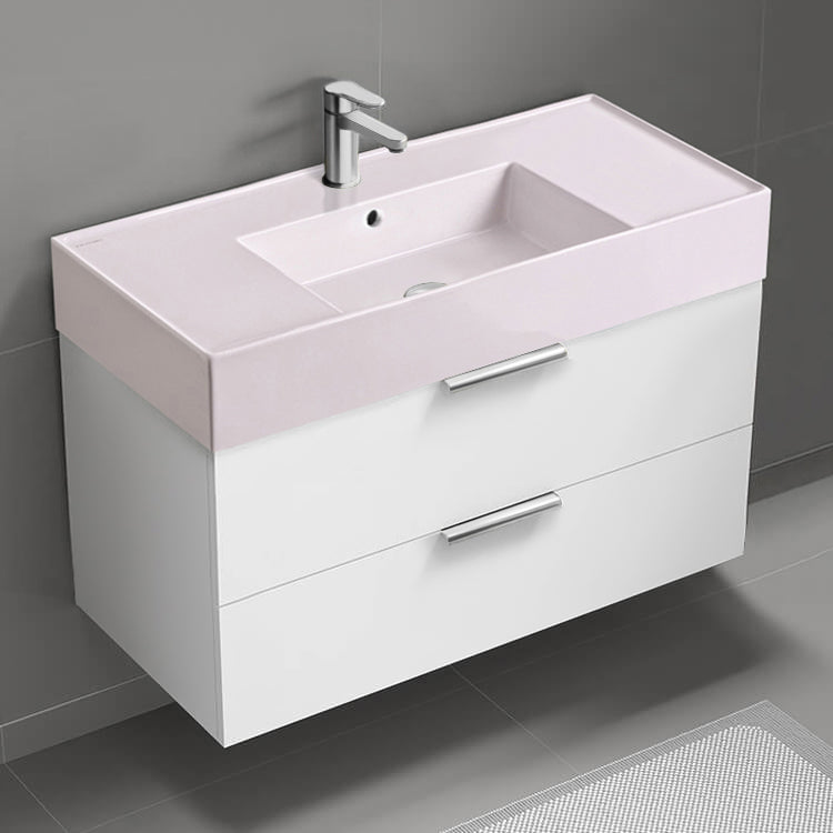 Pink Sink Bathroom Vanity, Floating, Modern, 40", Glossy White