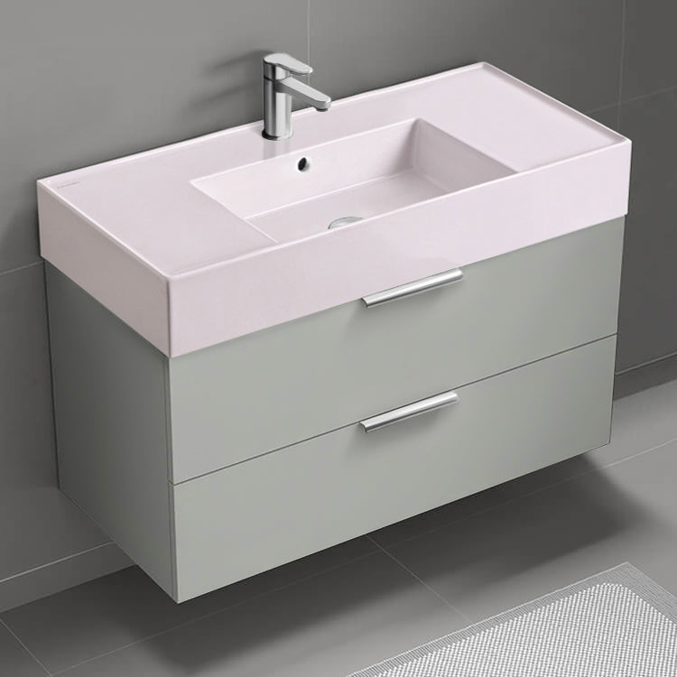 Pink Sink Bathroom Vanity, 40", Wall Mounted, Grey Mist