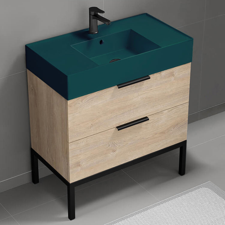 Green Sink Bathroom Vanity, Modern, Free Standing, 32", Brown Oak