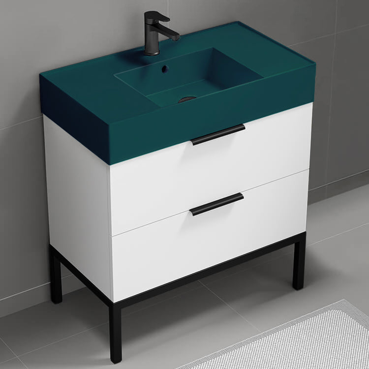 Green Sink Bathroom Vanity, Modern, Floor Standing, 32", Glossy White