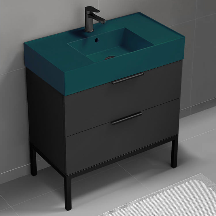 Green Sink Bathroom Vanity, Matte Black, Modern, Free Standing, 32"