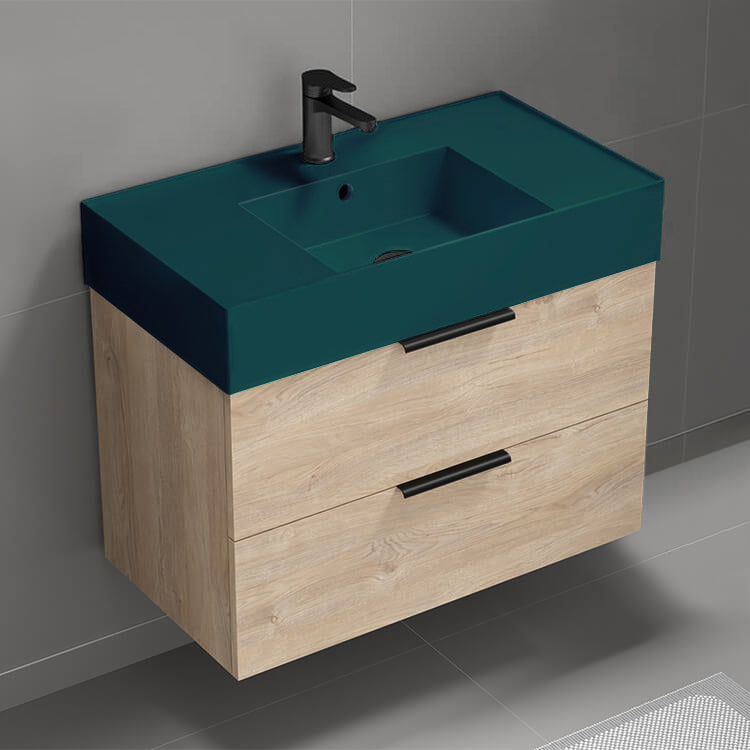 Green Sink Bathroom Vanity, Modern, Wall Mounted, Single, 32", Brown Oak