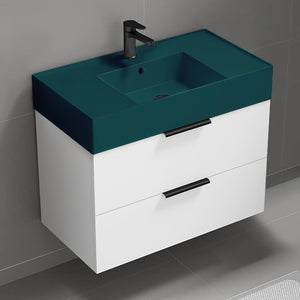 Green Sink Bathroom Vanity, 32", Modern, Wall Mount, Glossy White