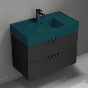 Green Sink Bathroom Vanity, Matte Black, Floating, Modern, 32"