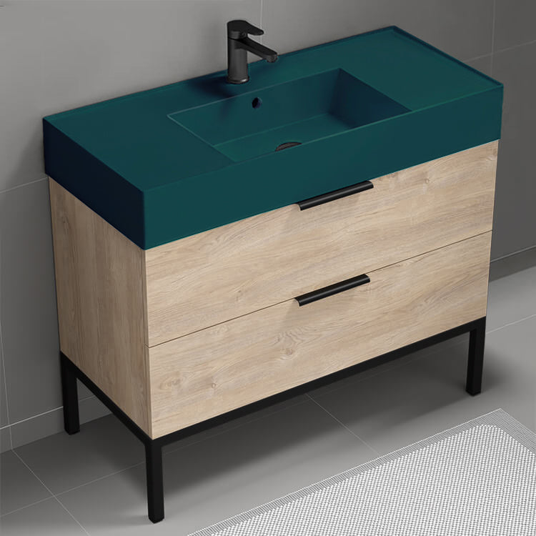 Green Sink Bathroom Vanity, Modern, Floor Standing, 40", Brown Oak