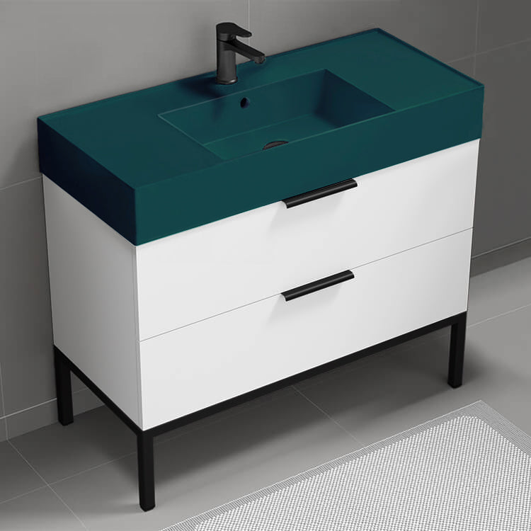 Green Sink Bathroom Vanity, Modern, 40", Glossy White