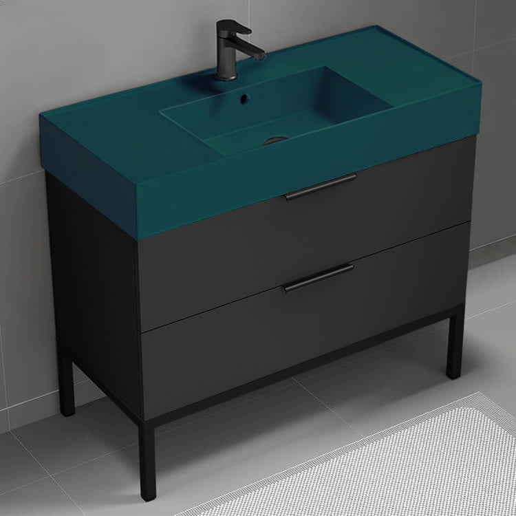 Green Sink Bathroom Vanity, 40", Floor Standing, Modern, Matte Black