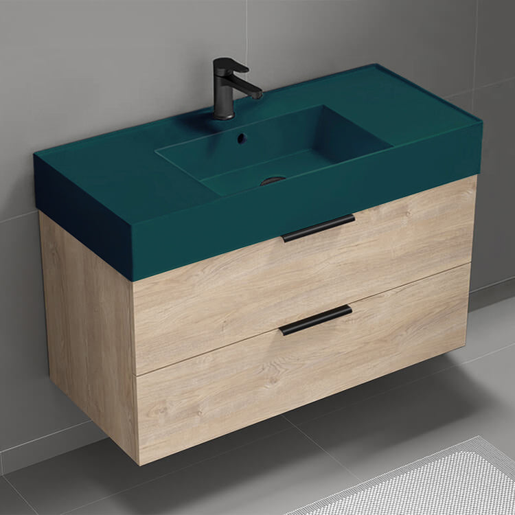 Green Sink Bathroom Vanity, Modern, 40", Wall Mounted, Brown Oak