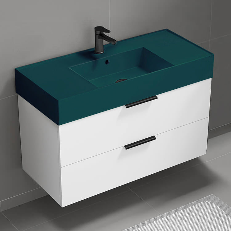 Green Sink Bathroom Vanity, Floating, Modern, 40", Glossy White