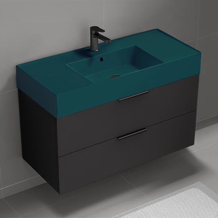 Green Sink Bathroom Vanity, Wall Mounted, Modern, Single, 40", Matte Black