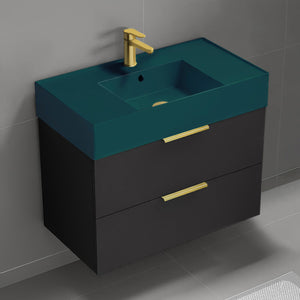 Green Sink Bathroom Vanity, Matte Black, Floating, Modern, 32"