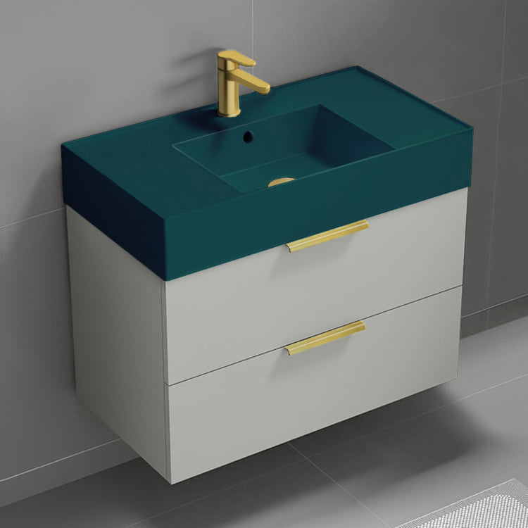 Green Sink Bathroom Vanity, Wall Mounted, Modern, 32", Grey Mist