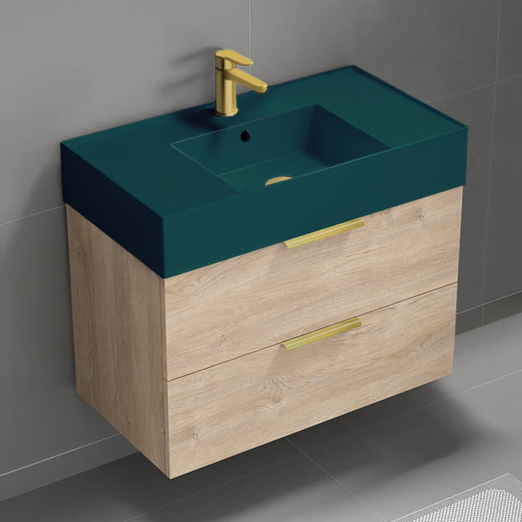 Green Sink Bathroom Vanity, Modern, Wall Mounted, Single, 32", Brown Oak