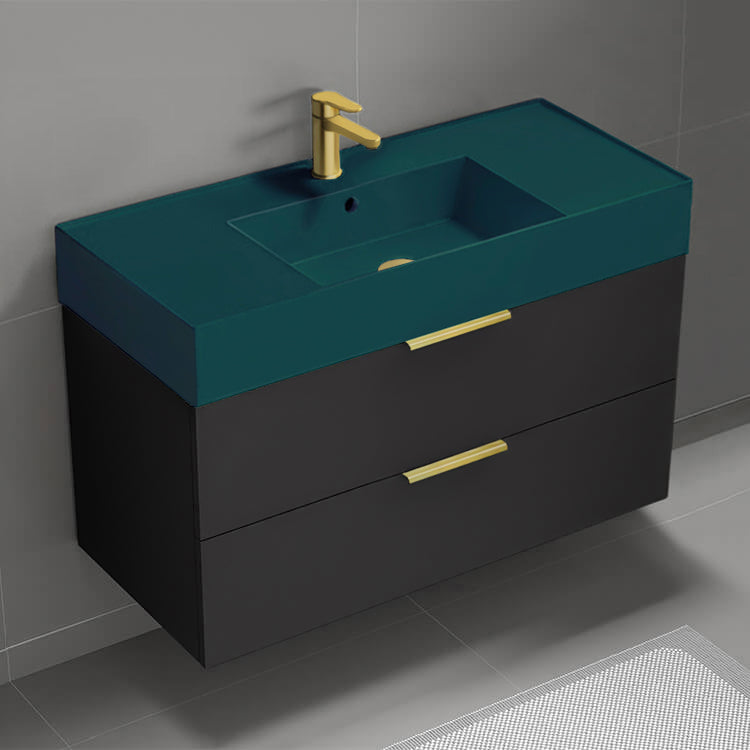 Green Sink Bathroom Vanity, Wall Mounted, Modern, Single, 40", Matte Black