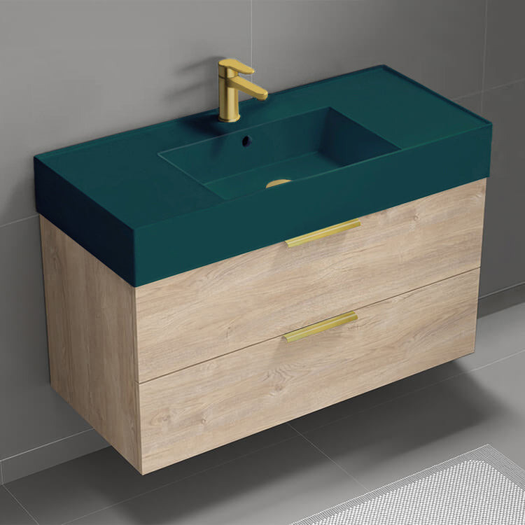 Green Sink Bathroom Vanity, Modern, 40", Wall Mounted, Brown Oak