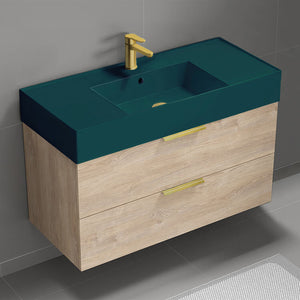 Green Sink Bathroom Vanity, Modern, 40", Wall Mounted, Brown Oak