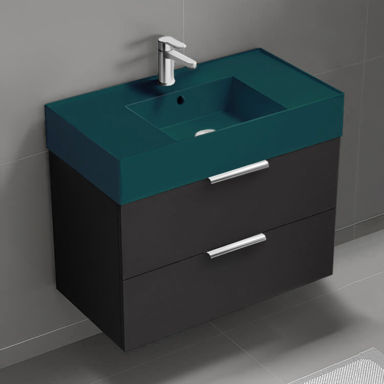 Green Sink Bathroom Vanity, Matte Black, Floating, Modern, 32"