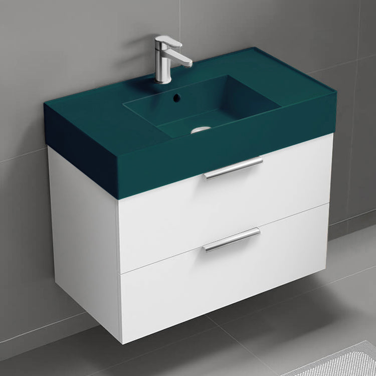 Green Sink Bathroom Vanity, 32", Modern, Wall Mount, Glossy White