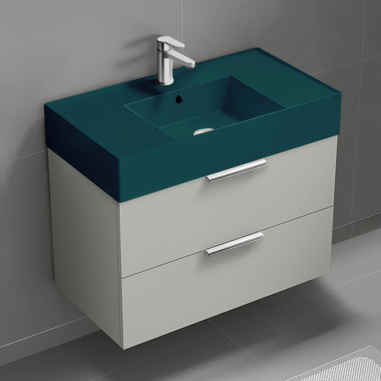 Green Sink Bathroom Vanity, Wall Mounted, Modern, 32", Grey Mist