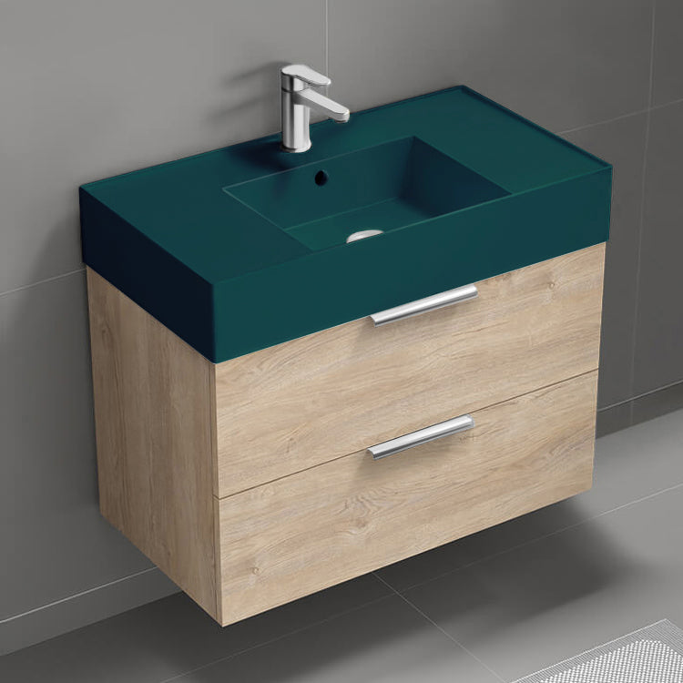 Green Sink Bathroom Vanity, Modern, Wall Mounted, Single, 32", Brown Oak
