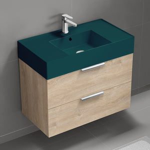 Green Sink Bathroom Vanity, Modern, Wall Mounted, Single, 32", Brown Oak