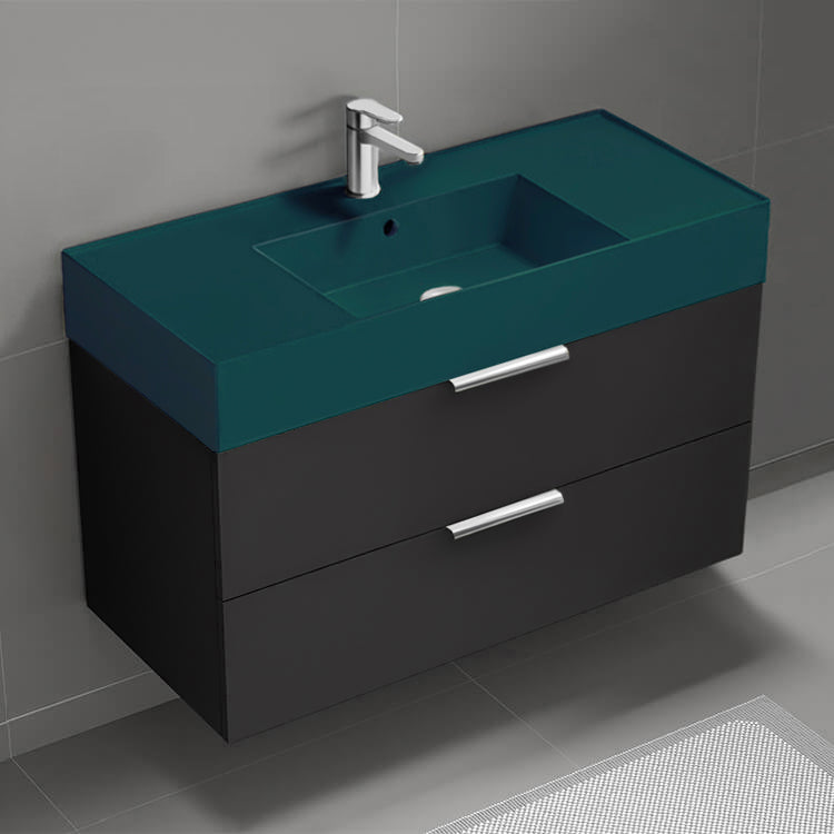 Green Sink Bathroom Vanity, Wall Mounted, Modern, Single, 40", Matte Black