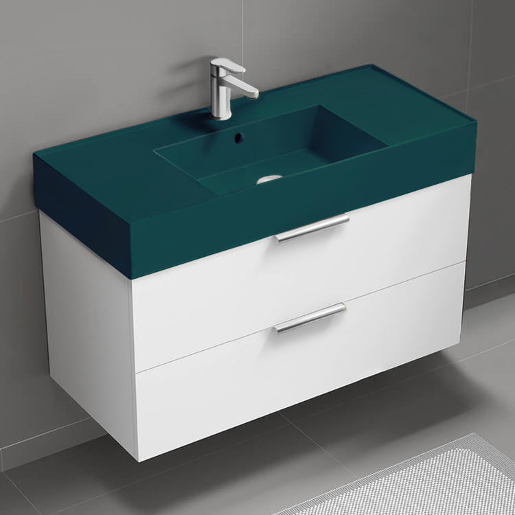 Green Sink Bathroom Vanity, Floating, Modern, 40", Glossy White