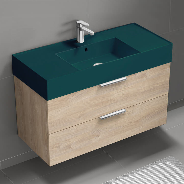 Green Sink Bathroom Vanity, Modern, 40", Wall Mounted, Brown Oak