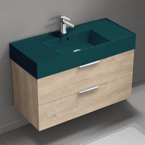 Green Sink Bathroom Vanity, Modern, 40", Wall Mounted, Brown Oak
