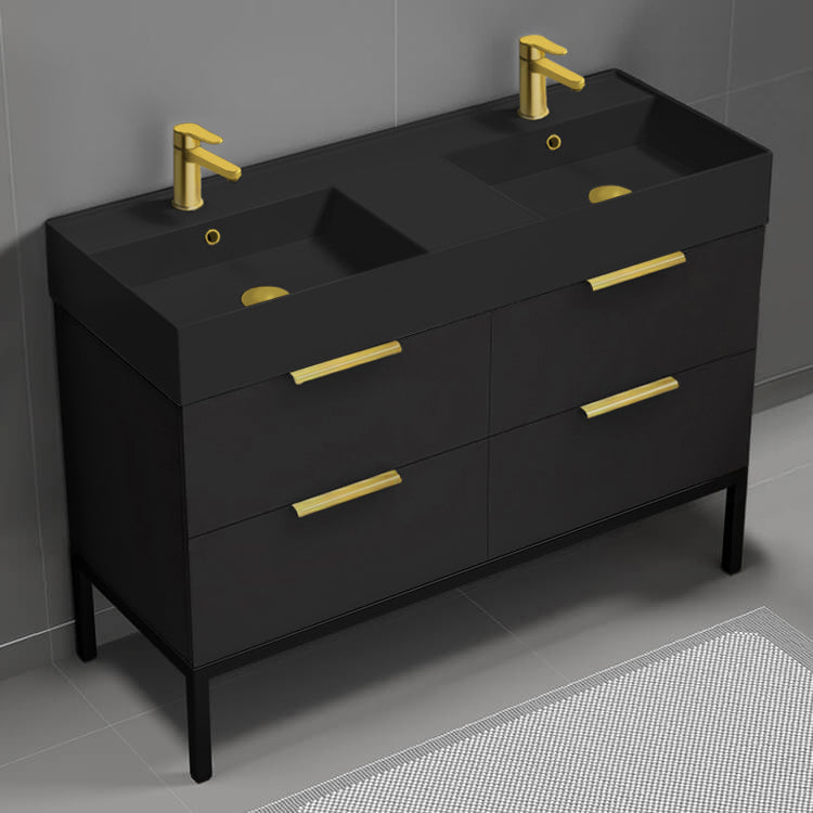 48" Bathroom Vanity With Black Sink, Double Sink, Modern, Floor Standing, Matte Black