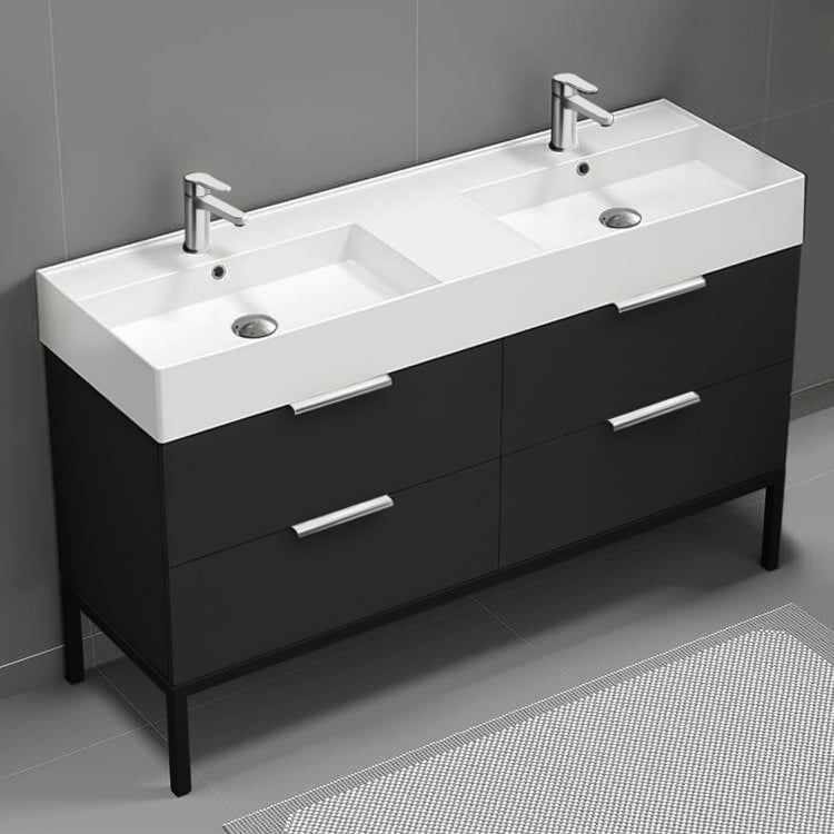 Double Bathroom Vanity, Floor Standing, 56", Matte Black