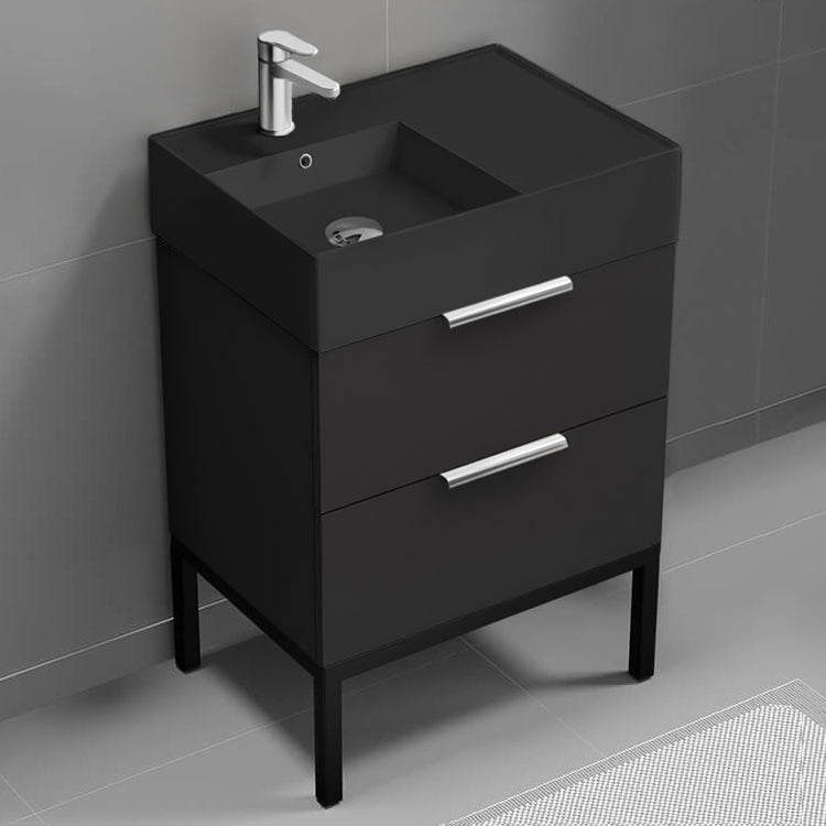 Modern Bathroom Vanity With Black Sink, Free Standing, 24", Matte Black