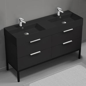 Double Bathroom Vanity With Black Sink, Floor Standing, 56", Matte Black