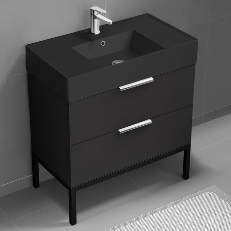 Black Bathroom Vanity With Black Sink, Modern, Free Standing, 32"