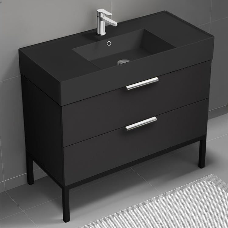 40" Bathroom Vanity With Black Sink, Floor Standing, Modern, Matte Black