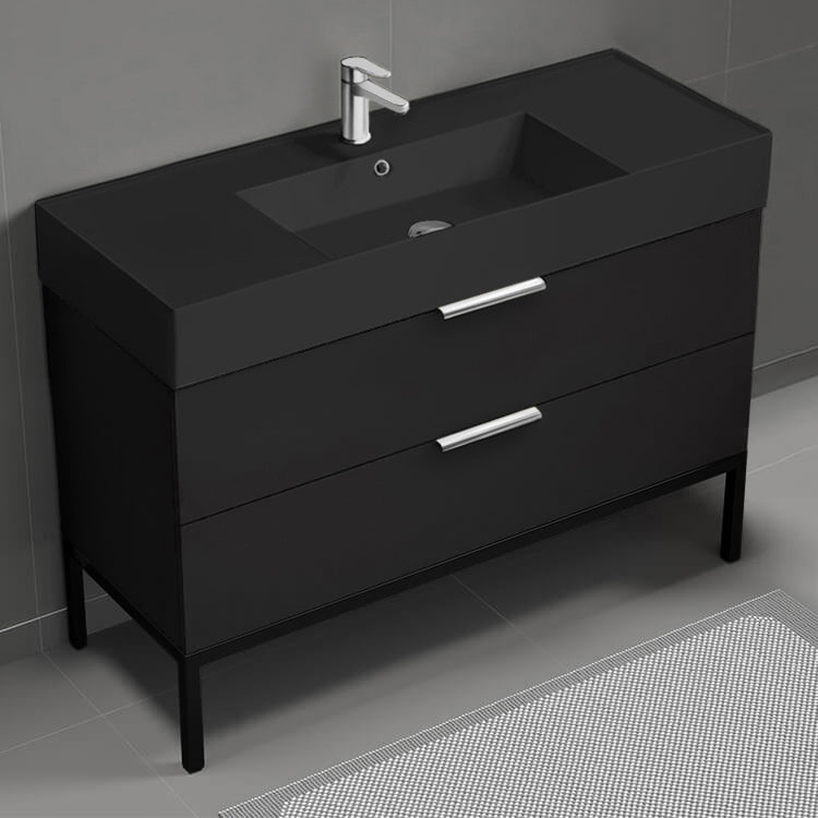 48" Bathroom Vanity With Black Sink, Free Standing, Matte Black