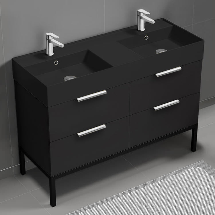 48" Bathroom Vanity With Black Sink, Double Sink, Modern, Floor Standing, Matte Black