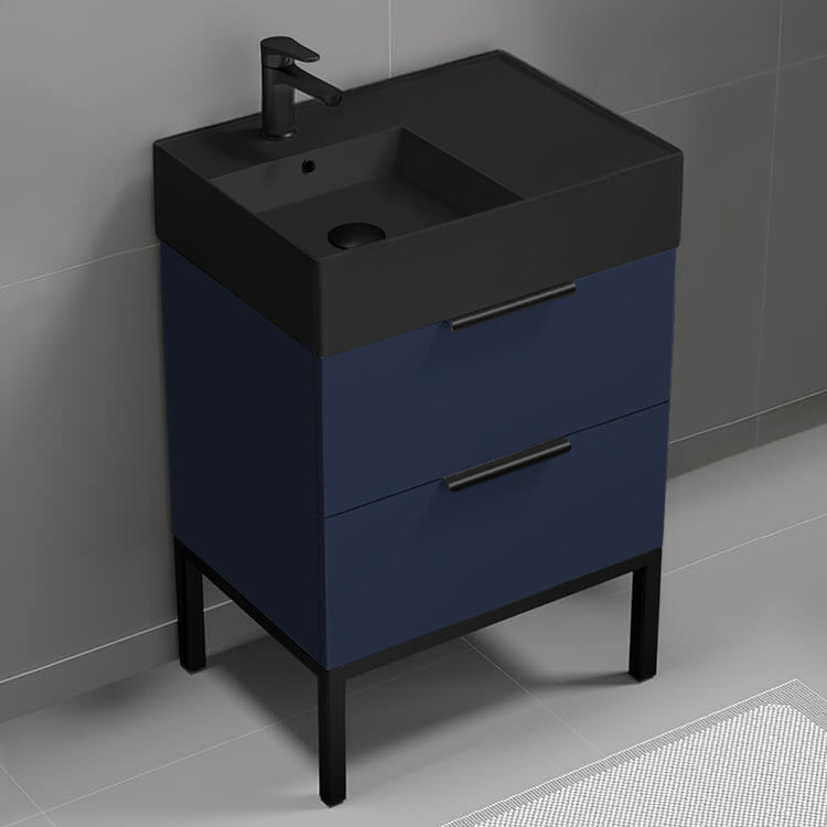 Modern Bathroom Vanity With Black Sink, Free Standing, 24", Night Blue