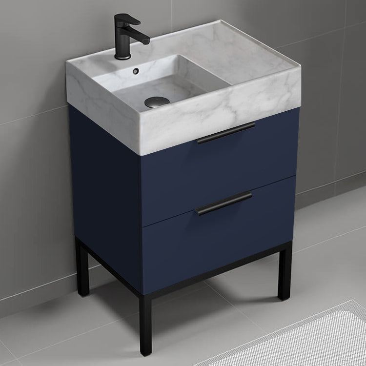 Modern Bathroom Vanity With Marble Design Sink, Free Standing, 24", Night Blue