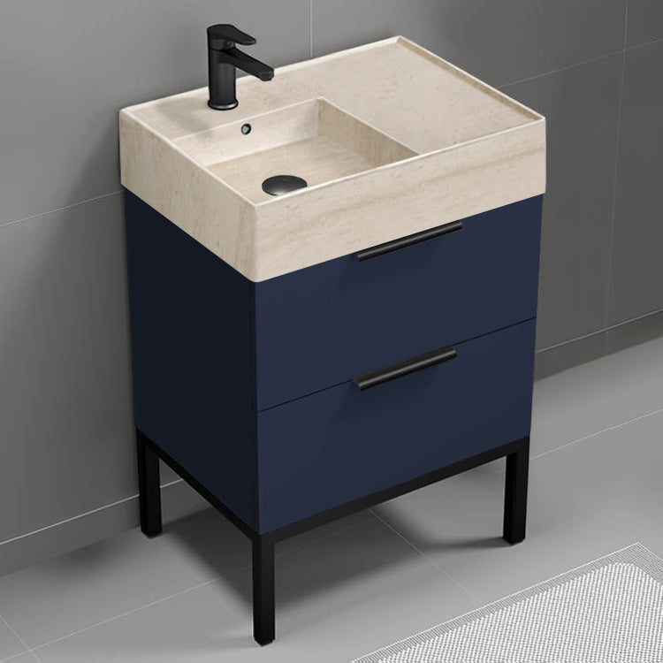 Modern Bathroom Vanity With Beige Travertine Design Sink, Free Standing, 24", Night Blue