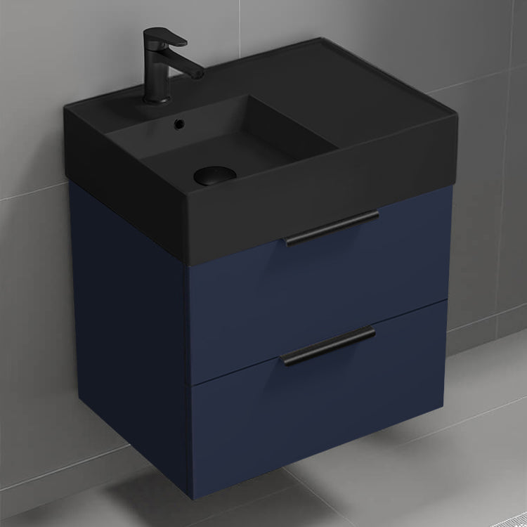 Blue Bathroom Vanity With Black Sink, Modern, Wall Mounted, 24"