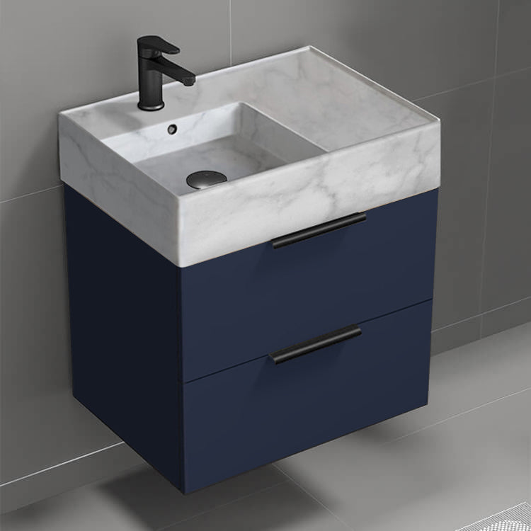 Blue Bathroom Vanity With Marble Design Sink, Modern, Wall Mounted, 24"