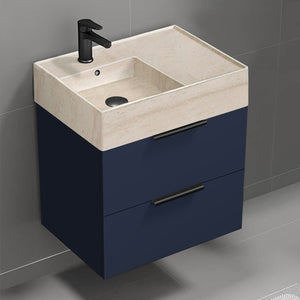 Blue Bathroom Vanity With Beige Travertine Design Sink, Modern, Wall Mounted, 24"