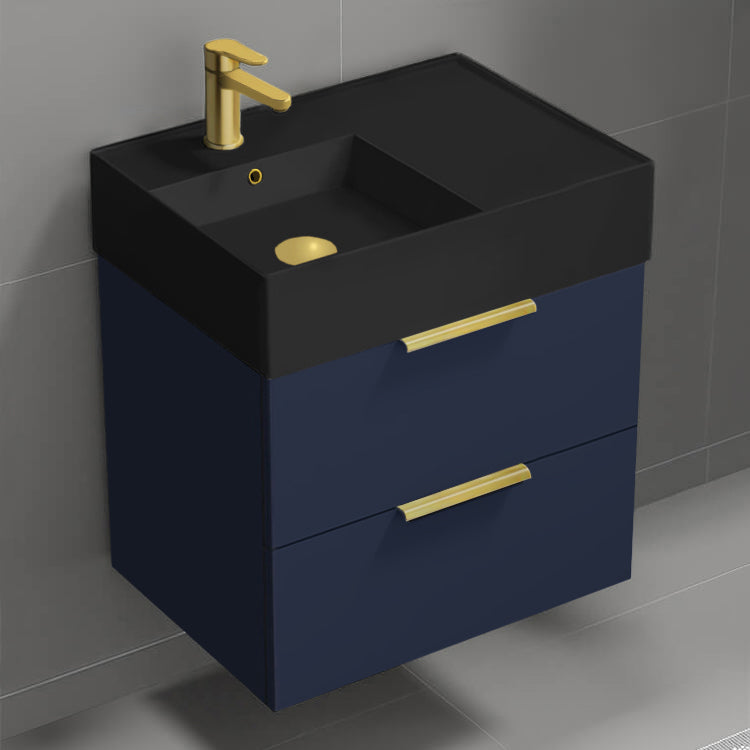 Blue Bathroom Vanity With Black Sink, Modern, Wall Mounted, 24"