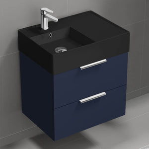 Blue Bathroom Vanity With Black Sink, Modern, Wall Mounted, 24"