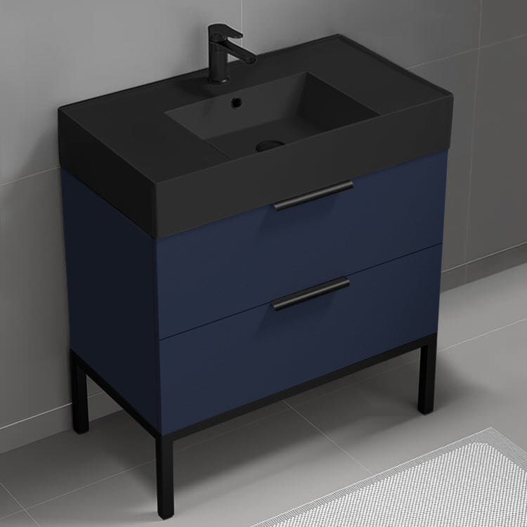 Blue Bathroom Vanity With Black Sink, Modern, Free Standing, 32"